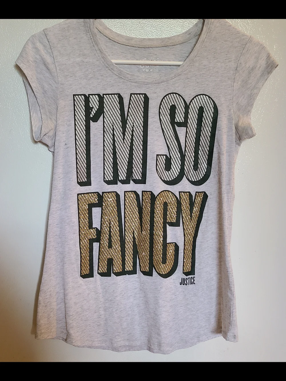 Justice Girls' Light Gray Tee with Black & Gold 'I'M SO FANCY' Graphic